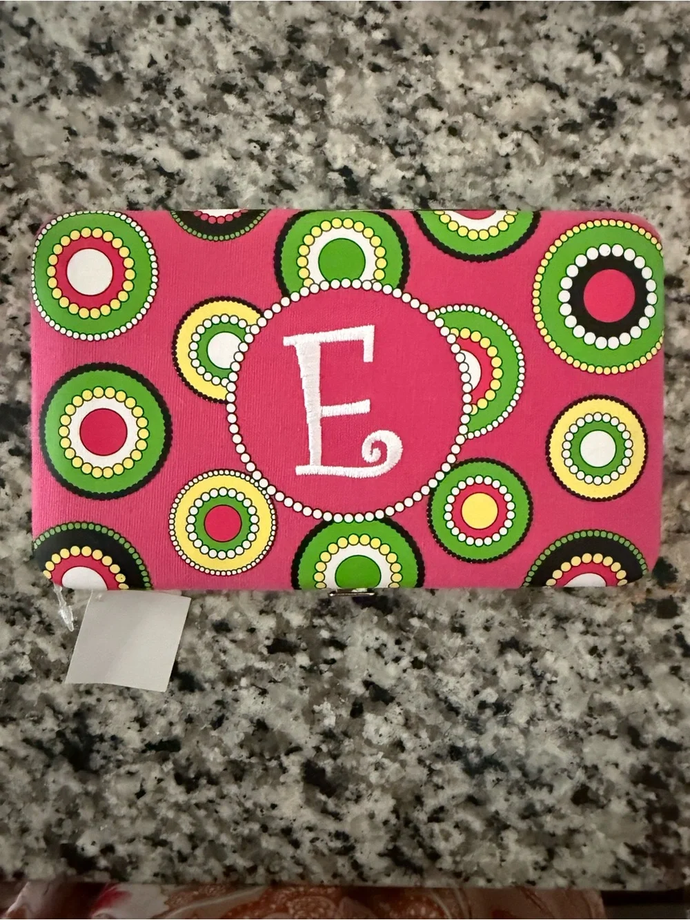 Monogram Letter E Wallet Case Pink with Yellow and Green Circles